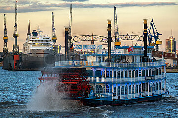 Deutschland  Hamburg - Grosse Hafenrundfahrt mit Raddampfer  im Hintergrund die Blohm+Voss-Werft