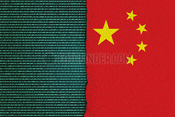 Binaercode und China-Flagge auf Putzwand