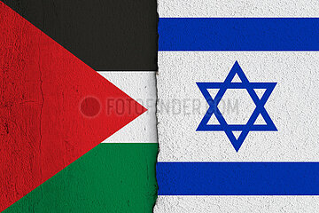 Flaggen Palaestina und Israel auf Putzwand