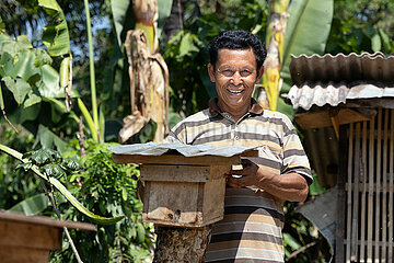 Keroya  Indonesien  Imker steht vor dem Brut- und Honigraum eines Bienenvolkes