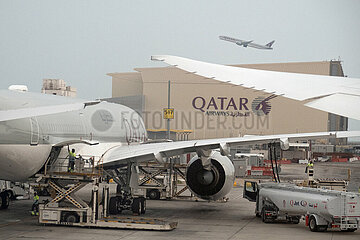 Doha  Katar  Flugzeug der Qatar Airways auf dem Vorfeld des Flughafen