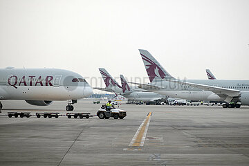 Doha  Katar  Flugzeuge der Qatar Airways auf dem Vorfeld des Flughafen