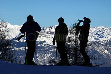 Krippenbrunn  Oesterreich  Silhouette: Skifahrer stehen an einem Hang und machen Pause