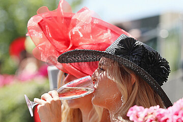 Ascot  Grossbritannien  elegant gekleidete Frau mit Hut trinkt beim Pferderennen Royal Ascot ein Glas Sekt