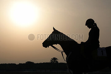 Dubai  Vereinigte Arabische Emirate  Silhouette von Pferd und Reiterin am Morgen bei Sonnenaufgang