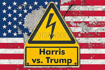 Symbolisches Warnschild Harris vs. Trump