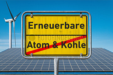 Symbolisches Ortsschild Erneuerbare Atom & Kohle