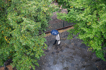 Berlin  Deutschland  Person mit Regenschirm geht an einem regnerischen Herbsttag die Strasse entlang