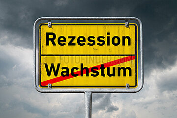 Symbolisches Ortsschild Wachstum Rezession