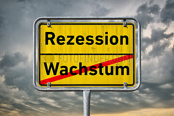 Symbolisches Ortsschild Wachstum Rezession