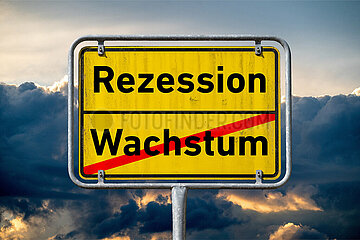 Symbolisches Ortsschild Wachstum Rezession