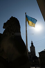 Ukraine  Lwiw - Der Loewe am Rathaus (Marktplatz)  das Symbol der Stadt. Die Altstadt ist seid 1998 auf der UNESCO-Liste des Weltkulturerbes.