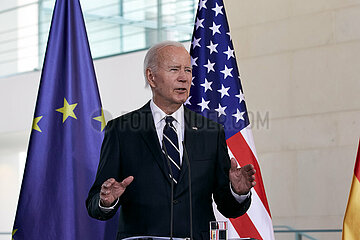 Berlin  Deutschland - Joseph Biden bei der gemeinsamen Pressekonferenz mit dem Bundeskanzler im Kanzleramt.