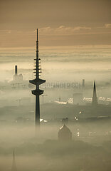 Deutschland  Hamburg - Blick auf Industrieanlagen  Innenstadt mit Fernsehturm Hamburg (Heinrich-Hertz-Turm) beim Landeanflug auf Hamburg