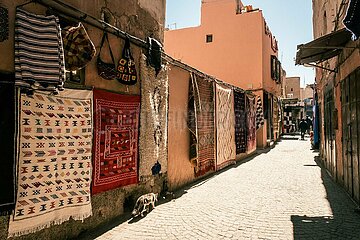 Traditional moroccan rugs in the Marrakech Medina  Morocco  March 2023