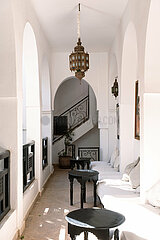 Traditional balcony and moorish arches architecture in Marrakech  Morocco  March 2023