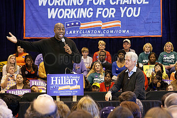 Bill Clinton And Magic Johnson Campaign For Hillary In Iowa