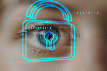 Menschliches Auge Binärcode und Schlosssymbol in Neonfarben