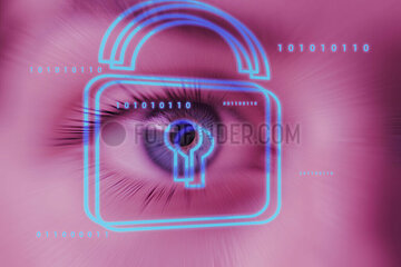 Menschliches Auge Binärcode und Schlosssymbol in Neonfarben