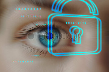 Menschliches Auge Binärcode und Schlosssymbol in Neonfarben