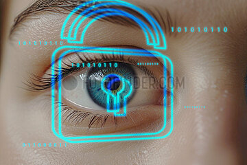 Menschliches Auge Binärcode und Schlosssymbol in Neonfarben