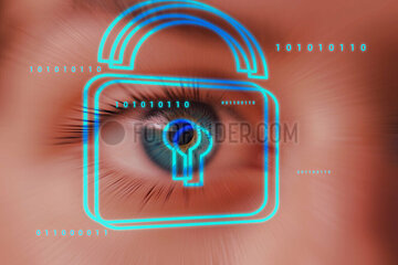 Menschliches Auge Binärcode und Schlosssymbol in Neonfarben