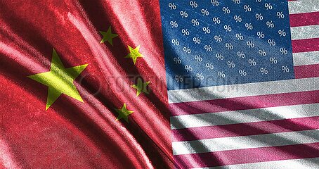 Flagge der Volksrepublik China neben manipulierter Flagge der USA