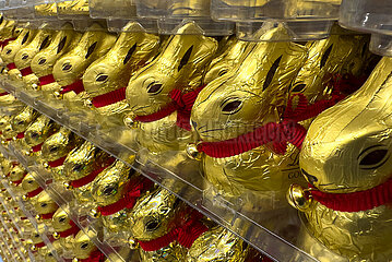 Deutschland  Tostedt - Schokoladen-Osterhasen  Goldhasen der Marke Lindt in einem Supermarkt