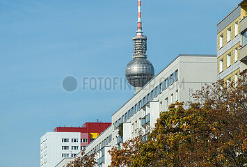 Berlin  Deutschland - DDR Plattenbauten mit Fernsehturm in Berlin-Mitte