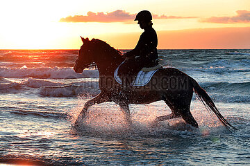Dierhagen  Silhouette: Frau reitet auf ihrem Pferd bei Sonnenuntergang durch das Wasser der Ostsee