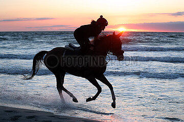 Dierhagen  Silhouette: Frau reitet bei Sonnenuntergang auf ihrem Pferd am Strand der Ostsee