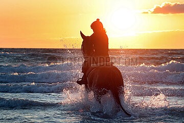 Dierhagen  Silhouette: Frau reitet auf ihrem Pferd bei Sonnenuntergang durch das Wasser der Ostsee