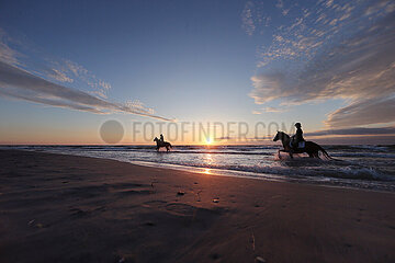 Dierhagen  Silhouette: Frauen reiten bei Sonnenuntergang auf ihren Pferden am Strand der Ostsee
