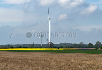 Deutschland  Bierden - Windraeder  vorne ein Acker  dann ein Rapsfeld und am Horizont ein Reiter
