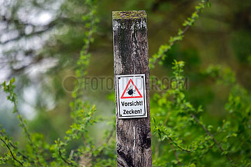 Vorsicht! Zecken!  Warnschild an einem Wanderweg  Nordrhein-Westfalen  Deutschland